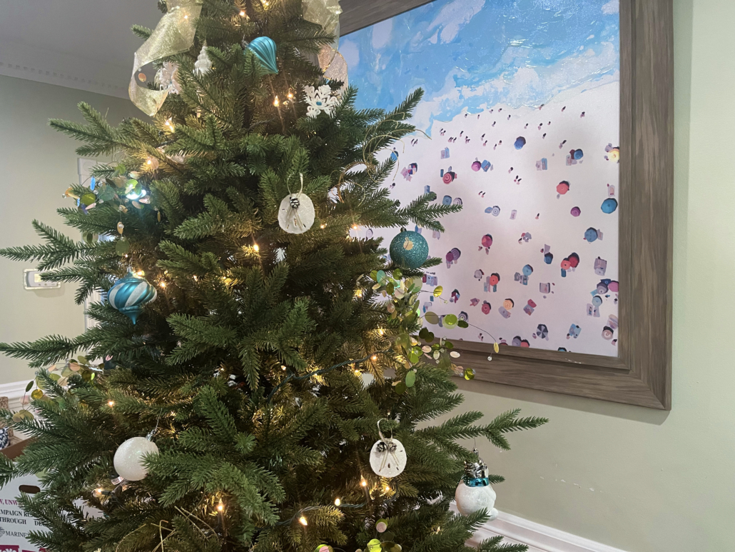 A Christmas Tree decorated with shells